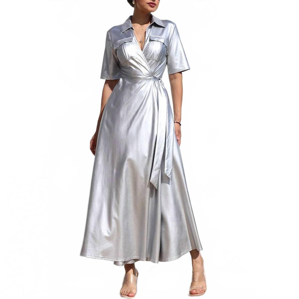 NEW BLACK PEARL CLOTHING luxe shine wrap maxi dress in silver